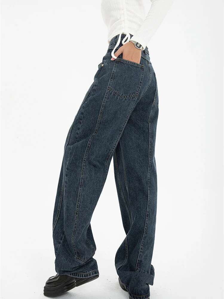 Dark Blue Womens Jeans High Waist Vintage Straight Baggy Pants Streetwear American Style Fashion Wide Leg Denim Trouser