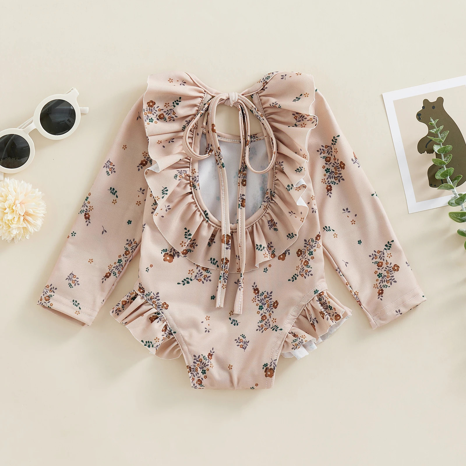 Kids Baby Girl Summer Swimwear Floral Print Backless Ruffles Long Sleeve Bodysuit Bathing Suit Girls Beachwear 0-4 Years 250303