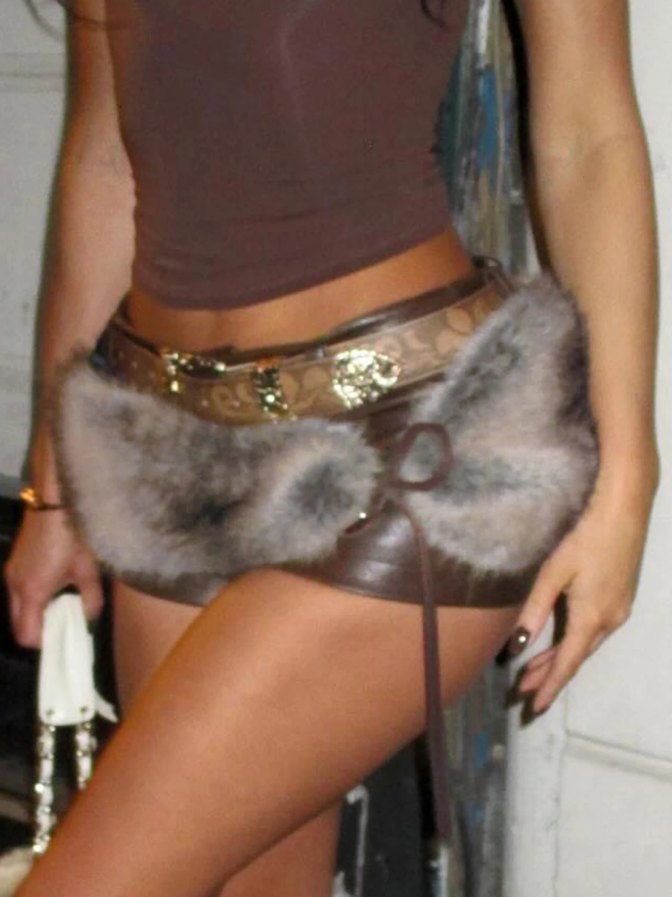 Cuteandpsycho Low Waisted Mini Leather Shorts Vintage Chic Furry Belts Casual Y2K Aesthetic Fashion Elastic Waist Bottoms 250303