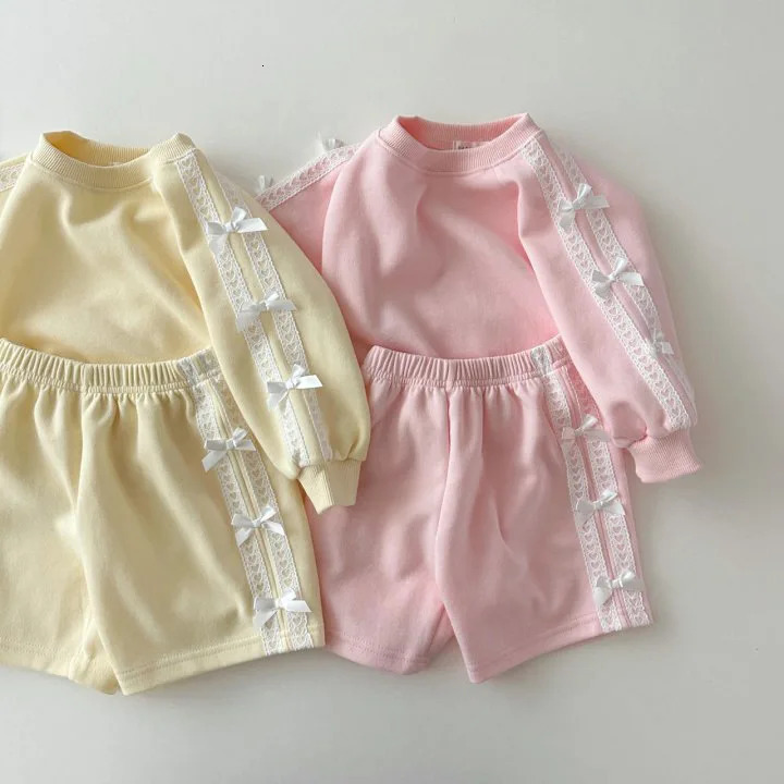 Autumn Children Long Sleeve Clothes Set Girls Lace Bow Sweet Princess Suit Cotton Kids Solid Casual Shorts Outfits 250304