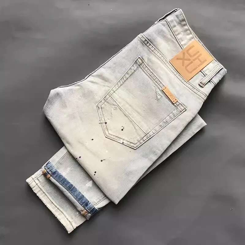 Street Fashion Retro Light Blue Stretch Slim Fit Hip Hop Ripped Jeans Men Patched Designer Vintage Denim Pants Hombre