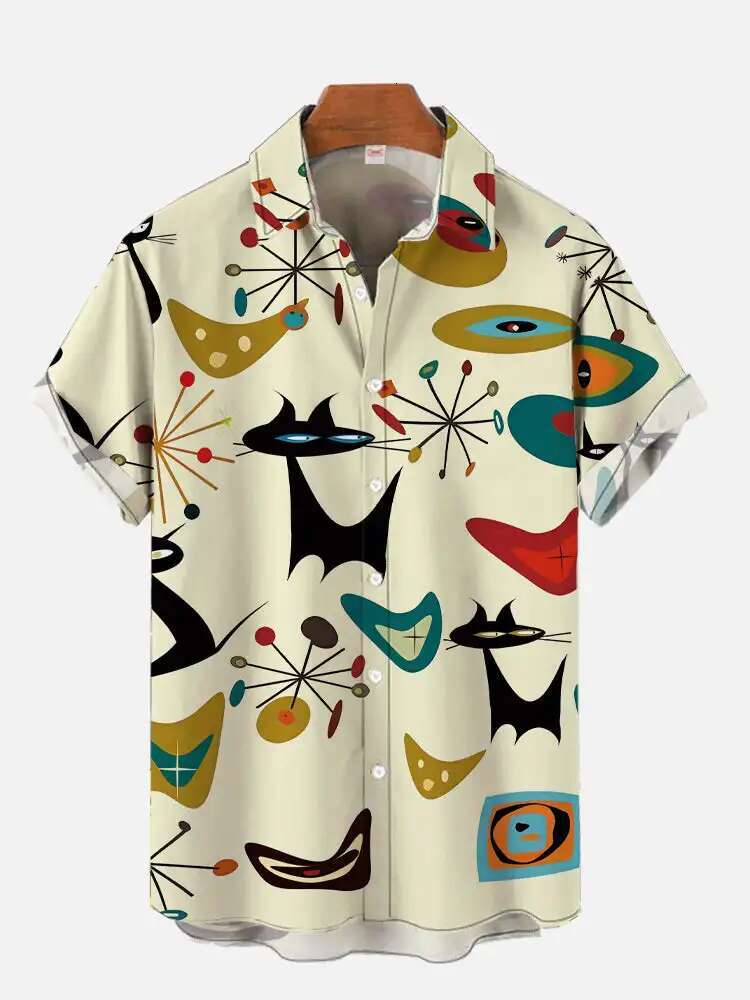 Men's Designer Shirt Summer New Cute Cat Print Casual Shirt Daily Wear 3D Printed Classic Short Sleeved Fashionable Hawaiian Shirt Men's Bea