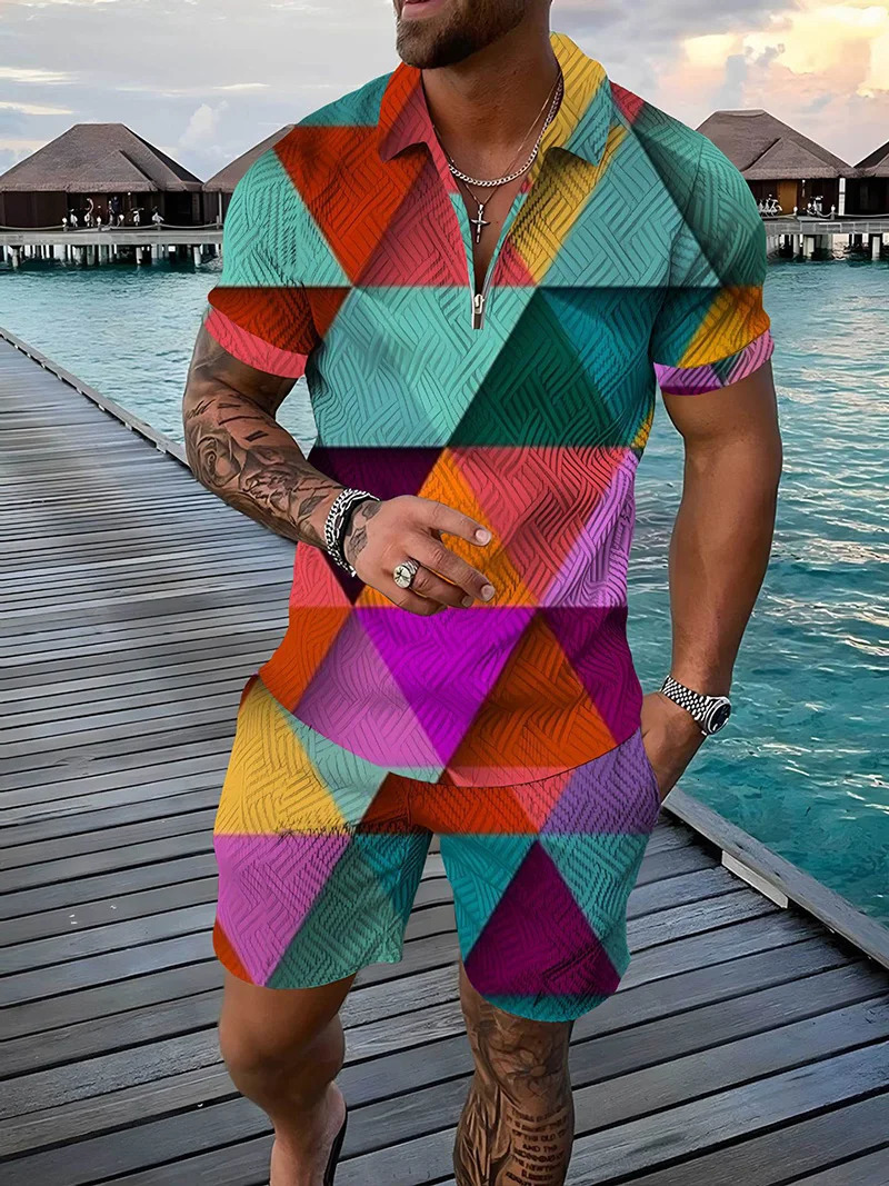 Color Squares Pattern 3D Print Mens Tracksuit Sets Casual Zipper Polo Shirt And Shorts 2pcs Sets Trend Streetwear Man Clothing 250304