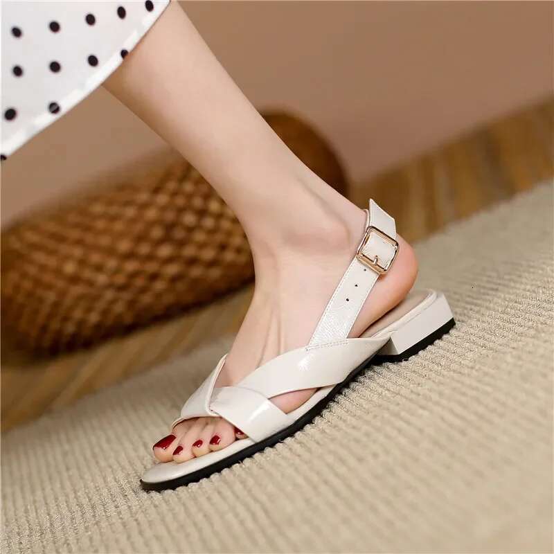 Genuine 2025 New Leather Women Low Heel Square Toe Casual Shoes Summer Comfortable Ladies Sandals Black Beige Size 35-42