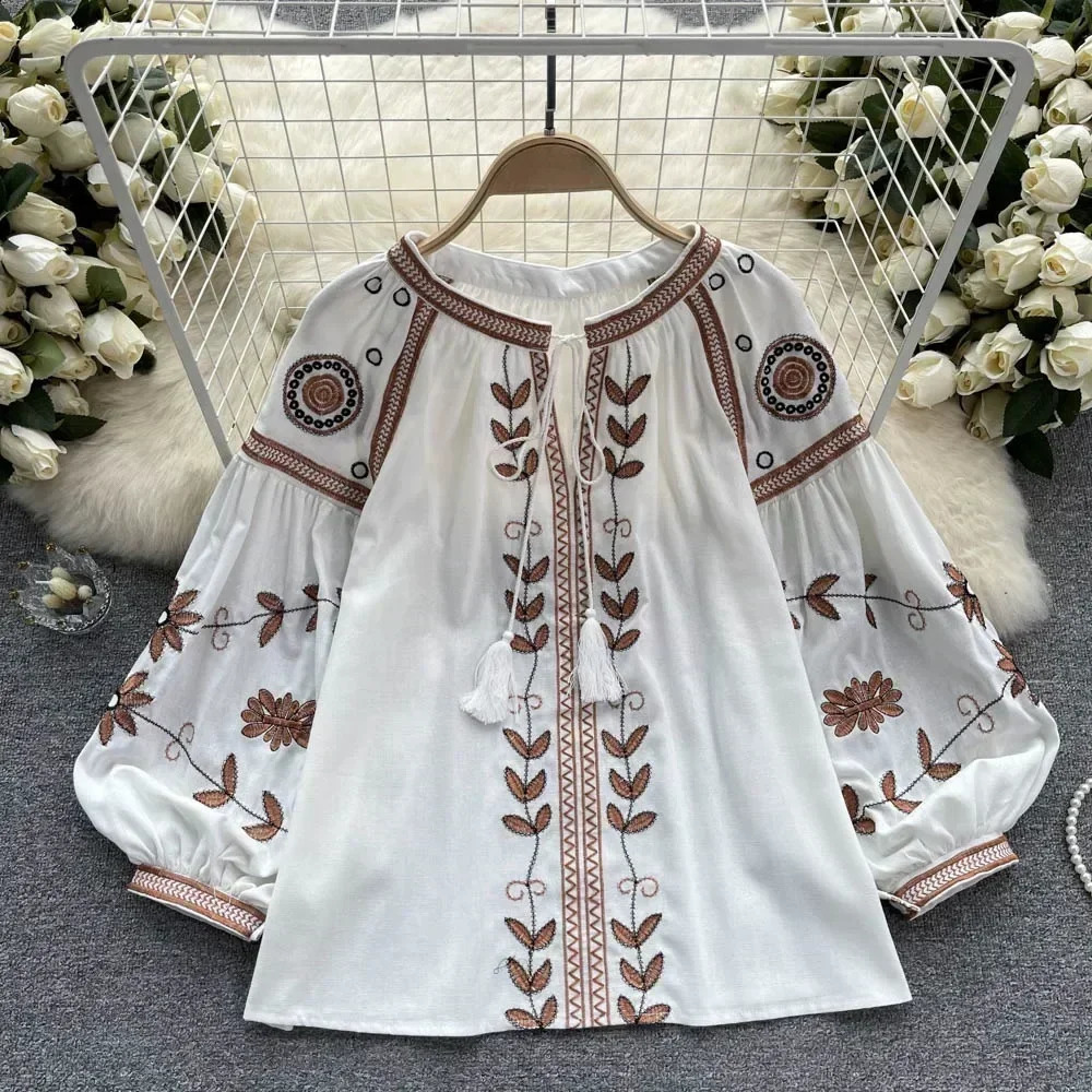 Neploe Women O Neck Puff Sleeve Print Heavy Shirt Panelled Lace Up All-match Embroidery National Style Blouses Tassels Tops 250228