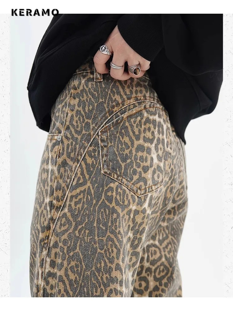 Vintage Leopard Print Jeans Women Spring Oversize Casual Hip Pop Wide Leg Trouser Trend High Waist Panther Denim Pants Ladies 250303