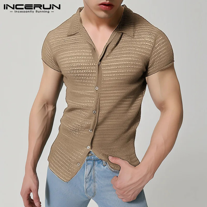 INCERUN Men Shirts Lapel Short Sleeve Mesh Transparent Hollow Out Men Clothing Streetwear Solid Color Fashion Camisas S-5XL 250304
