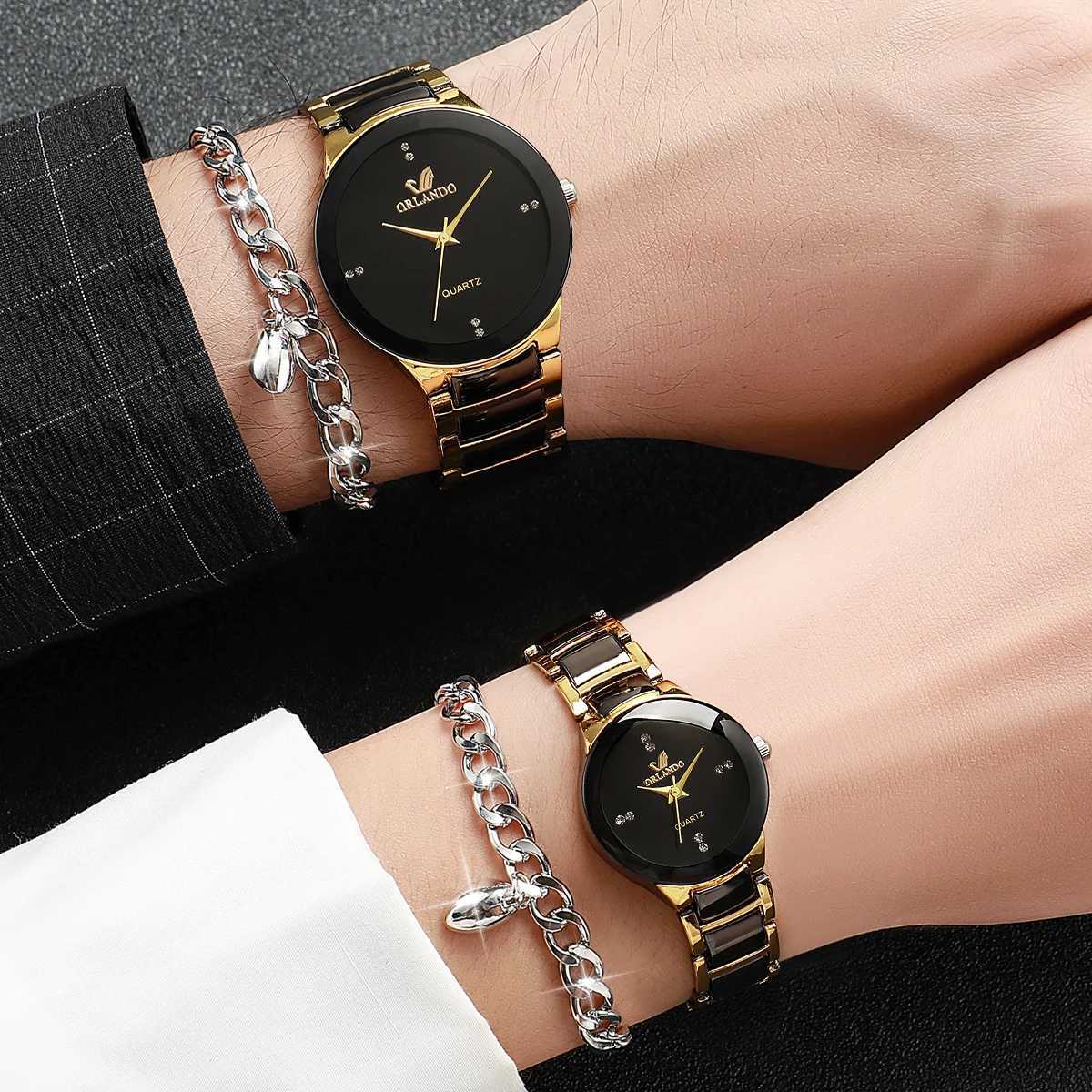4-piece/set fashionable couple rhinestone dial quartz mens stainless steel strap bracelet setXJ250304