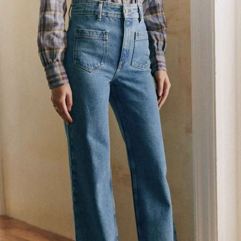Retro Double Pocket Washed Dark Blue Jeans Women High Waist Slim Wide Leg Pants