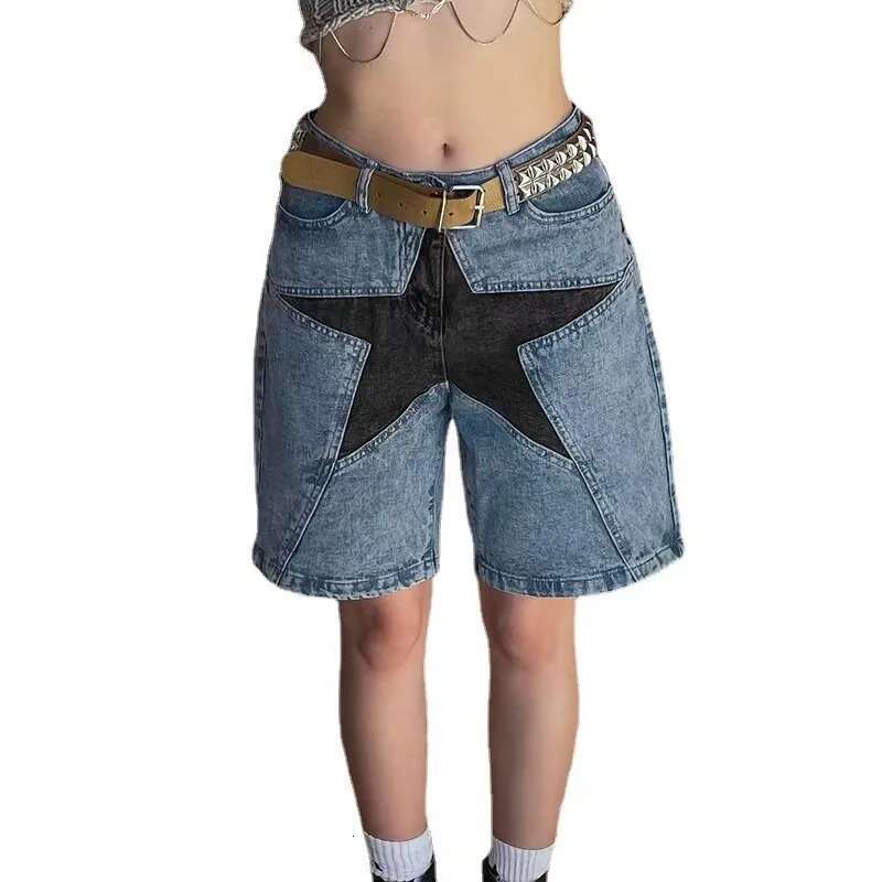 Women's Street Trend Loose Contrasting Color Five-Pointed Star Sticker Denim Pants