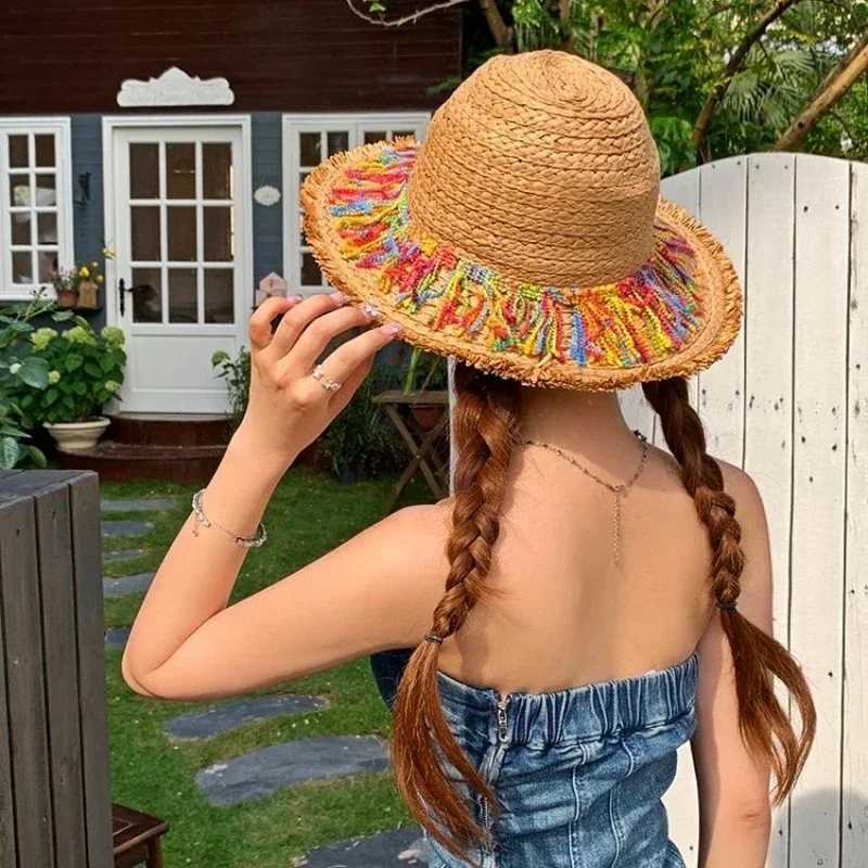 Girls Fashion Gifts MultiColored Tassel Grass Hat for Sun Shading Sun Protection Breathable Weaving Wide Brim Grass Hat GiftsXJ250304