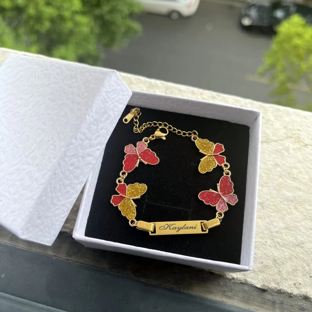 DUOYING Custom Name Bracelet With Butterfly Personalized Glitter Pink Charms Nameplate Letter Bangles For Kids Jewelry Gift 250304