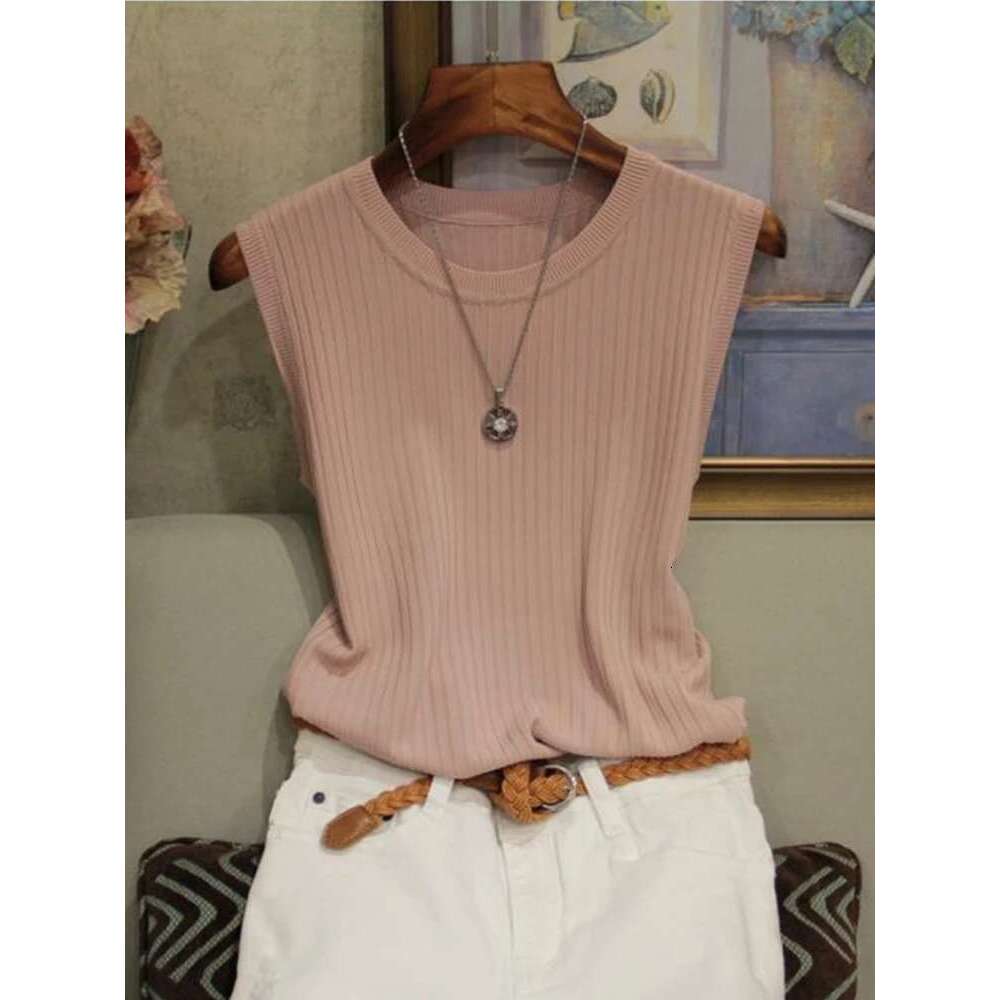 Vests 2025 Korea Top Summer Sleeveless O-neck Knitted Blouse Shirt Clothes Women Tops
