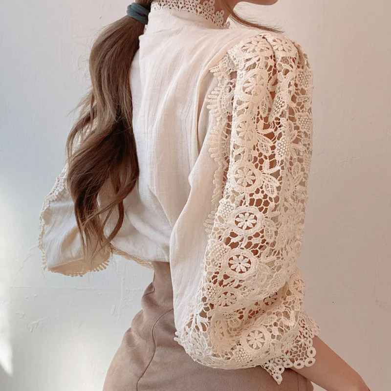 Elegant Lace Tops Embroidery Hollow Out Solid Stand Collar Female Tunic Plus Size Petal Sleeve Spring Womens Tops And Blouses 250228