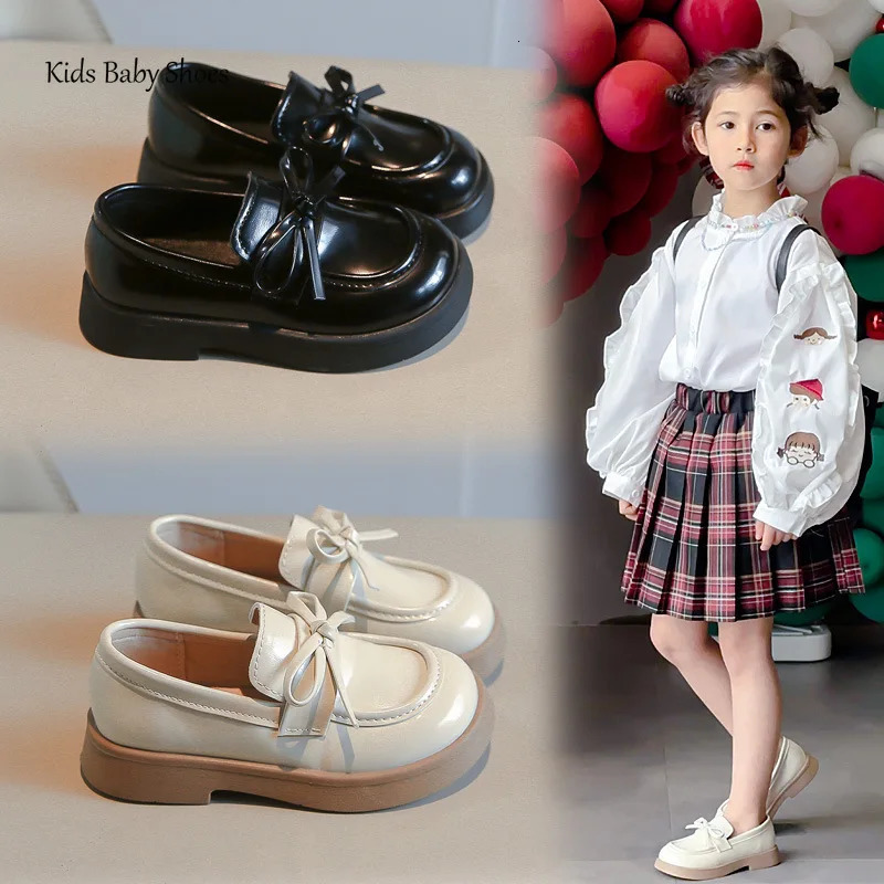 Girls Black Small PU Leather Shoes Beige SpringAutumn Style Soft Bottom Princess Bow Cushion Slide Up Apartment Size 2335 250303