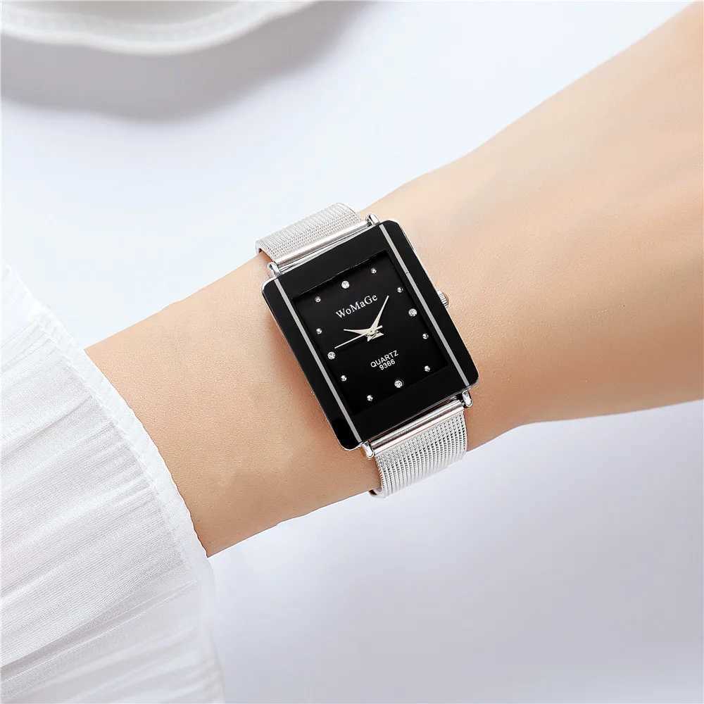 Fashion rectangular mesh steel Rhinestone quartz womens wristbandXJ250304