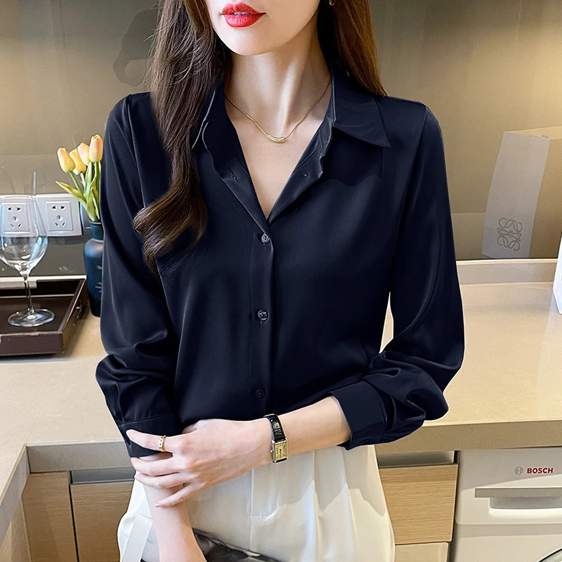 elegant satin shirts solid color ladies shirts fashion causal Womens Blouses Long Sleeve Shirts Tops Blusas Mujer 250303