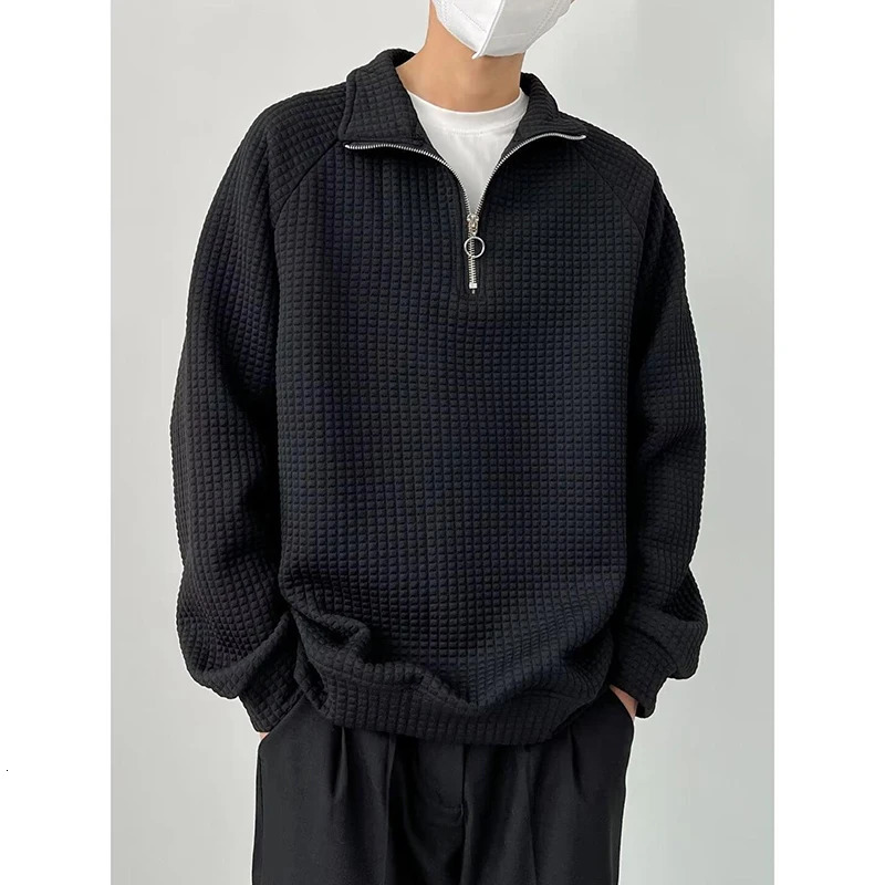 Waffle Plaid Long Sleeve Men Polo Half Zip Sweatshirts Fall Korean Fashion Harajuku Casual Loose Oversized Clothing Black White 250304