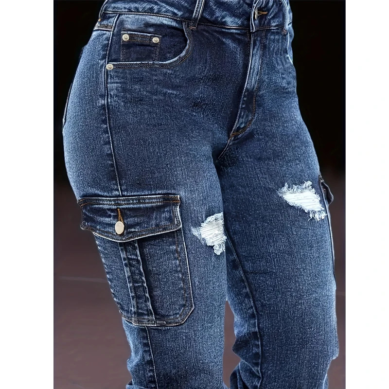 Womens Distressed Stretch Cropped Denim JeansFashionable Elastic Cuff MultiPocket Casual Cargo Pants Sporty Wear Jeans T16 250227