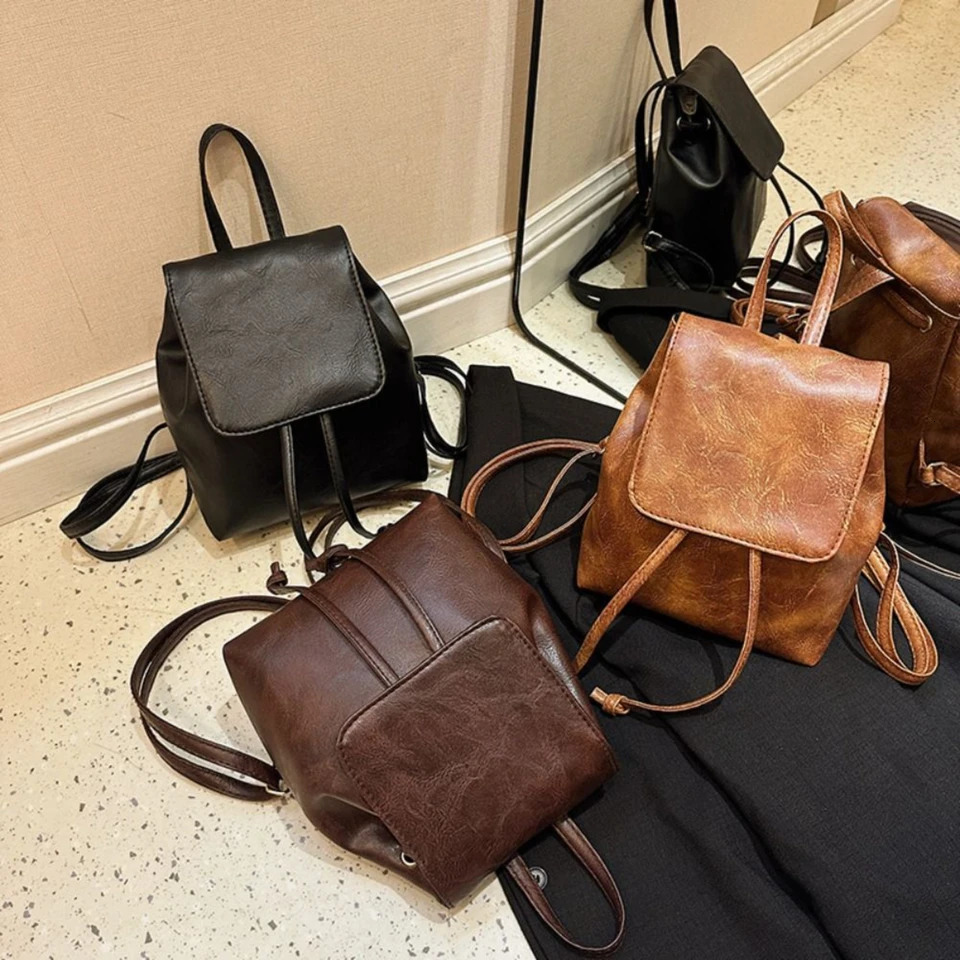 Ship from US Vintage Style PU Leather Backpack Solid Color Flap Schoolbag Casual Daypack Versatile Shoulder Bag For Women 250304FBB