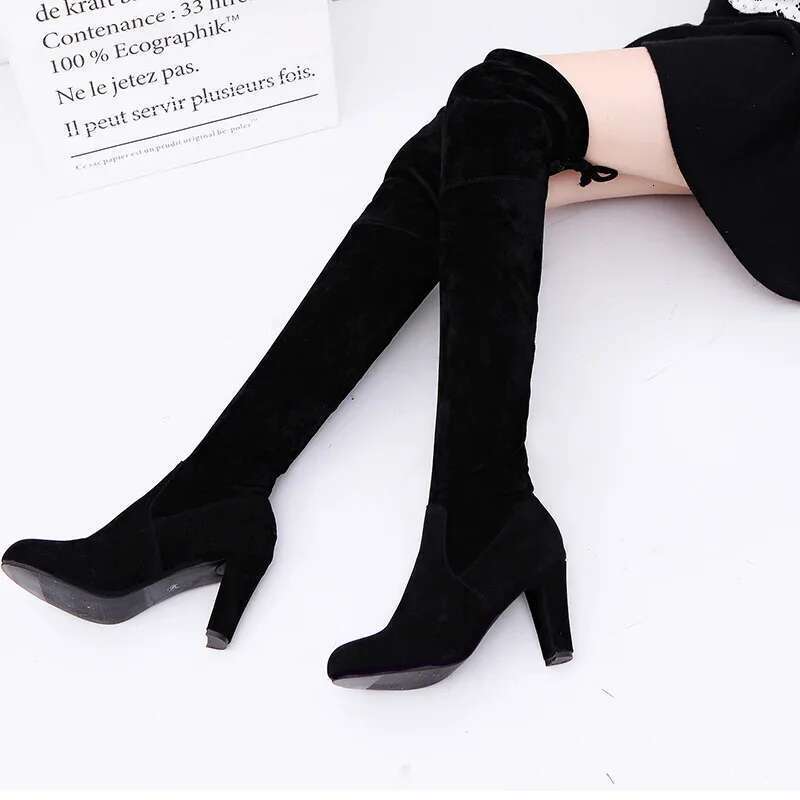 2025 OVERThe Winter Knee Women Stretch Fabrics High Heel Slip on Shoes Pointed Toe Woman Long Boots Size Plus Size34-43