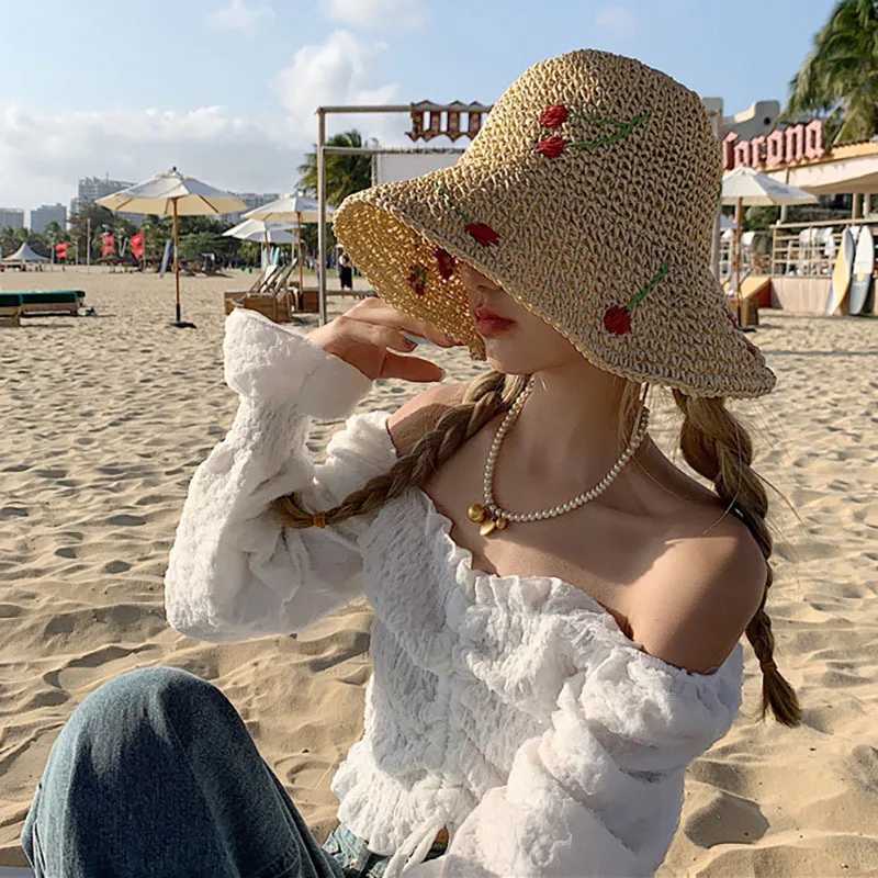 Summer Women Sun Hat Wide Brim Beach Str Hand Crochet Cherry Hat for Women Girl Outdoor Fishing Sun HatsXJ250304