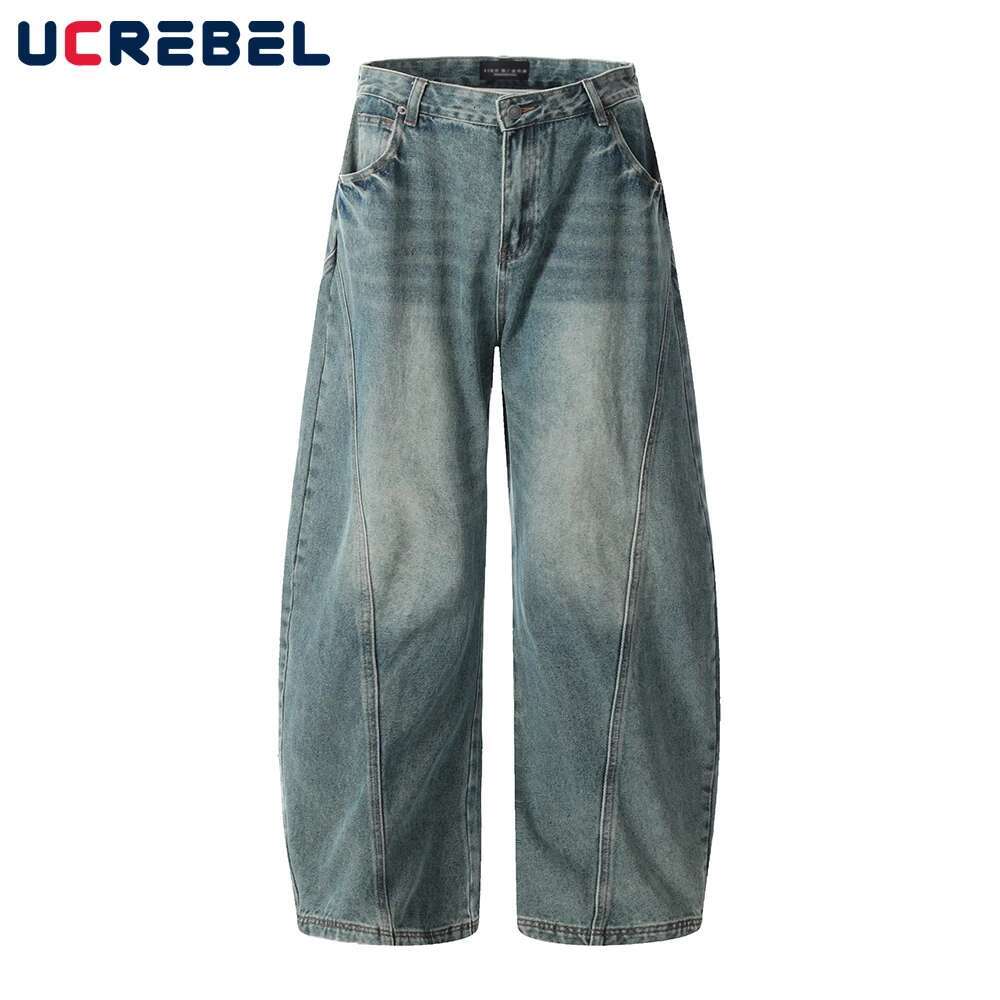 Spliced Washed Distressed Jeans Mens Retro High Street Loose Wide-Leg Denim Pants Men Trousers
