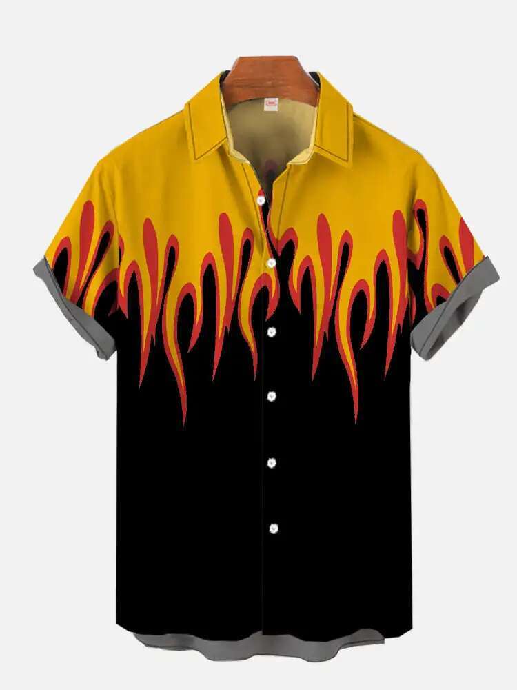 New 3D Flame Printed Hawaiian Casual Original Designer Short Sleeved Shirt For Fashionable Beach Vacation Men's Summer Button Up Shirt Beach Wear