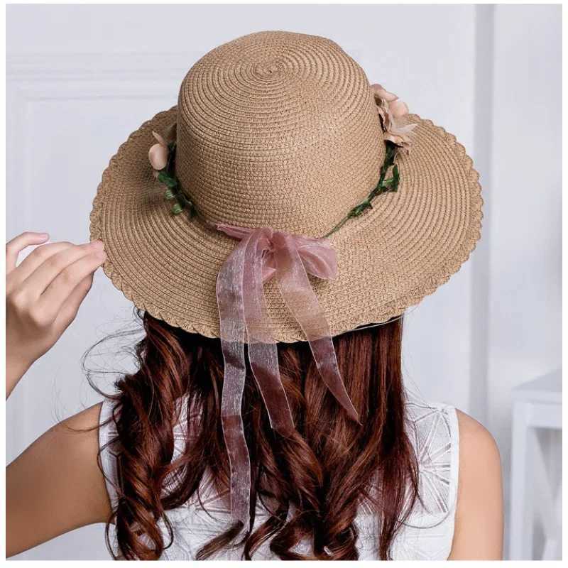Wreath StrHat Summer Sun Hat Ladies Elegant Hat Female Vintage Hats Str Beach Hat Flower String Woman Hats Beach Str HatXJ250304