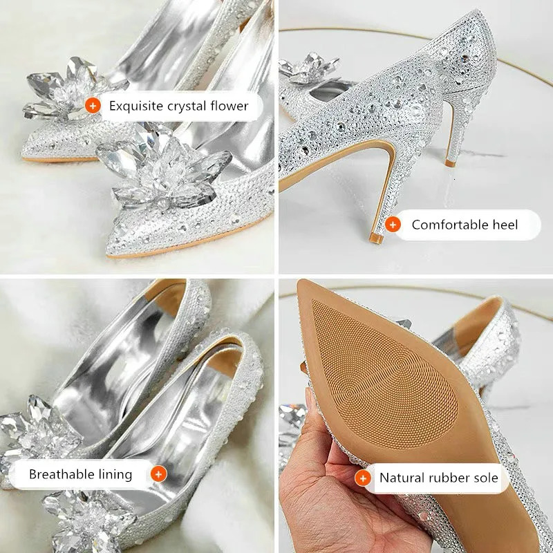 High Heels Wedding Women Shoes Diamond Pumps Crystal Shoes Rhinestone Pointed Toe Glitter Party Sliver 250303