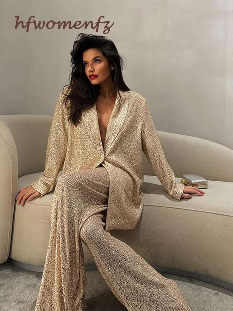 Elegant Sequins Jacket Pants 2 Pieces Outfits Women Shiny One Button Lapel Long Sleeve Coat Wide Leg Pant New In Matching Suit