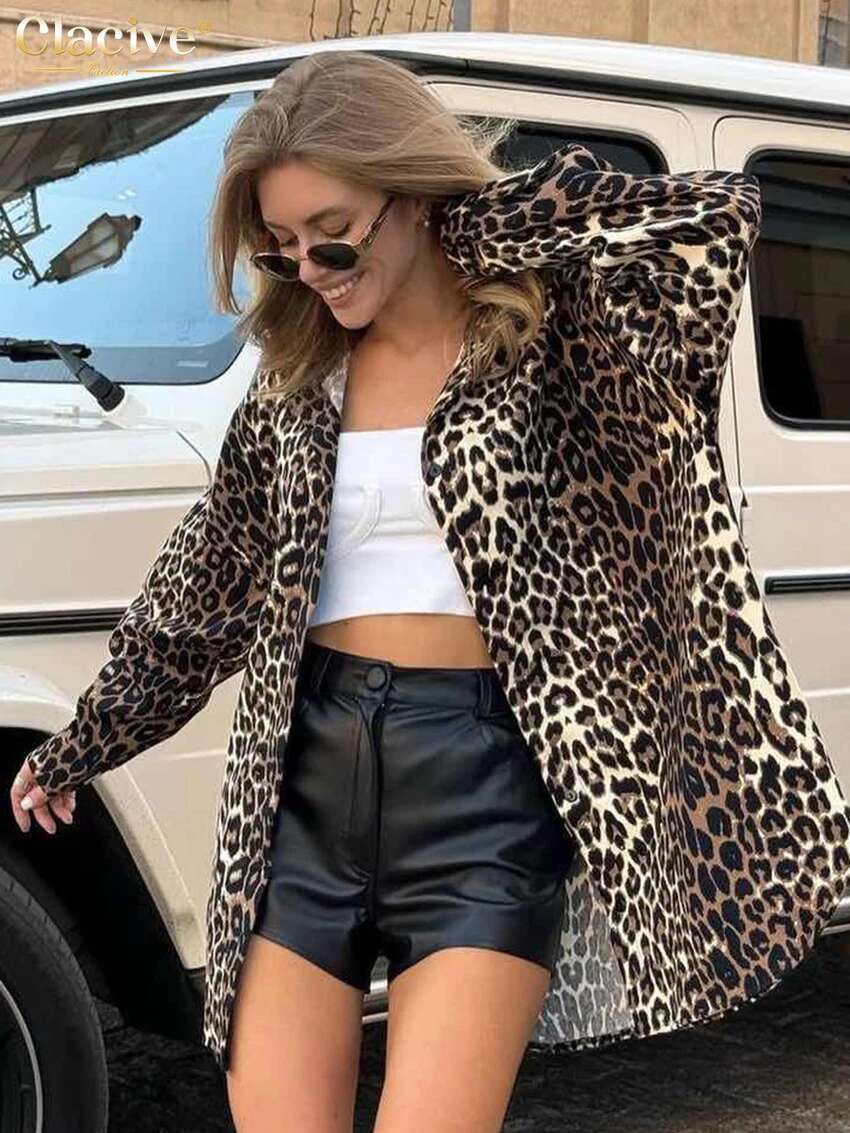 Clacive Fashion Loose Print Women 2025 Casual Lapel Long Sleeve Blouse Classic Top Female Shirt Streetwear
