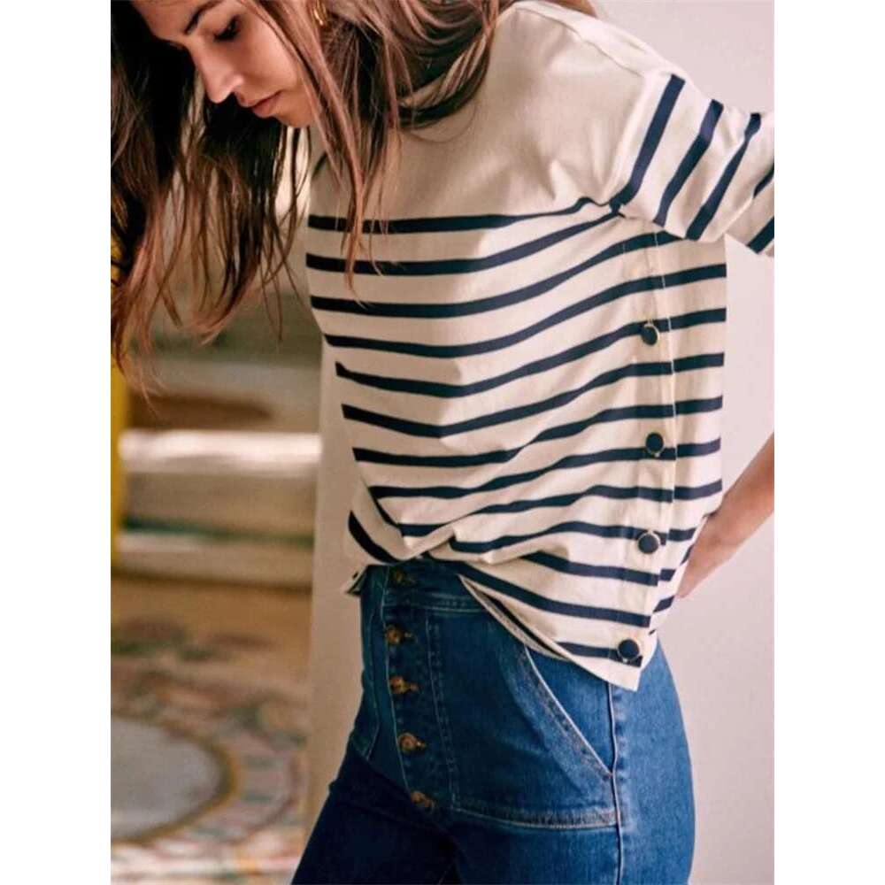 Women T-Shirts Side Buttons Slit Classic Stripes O-Neck Long Sleeve 2025 Early Spring Ladies Casual Tshirt