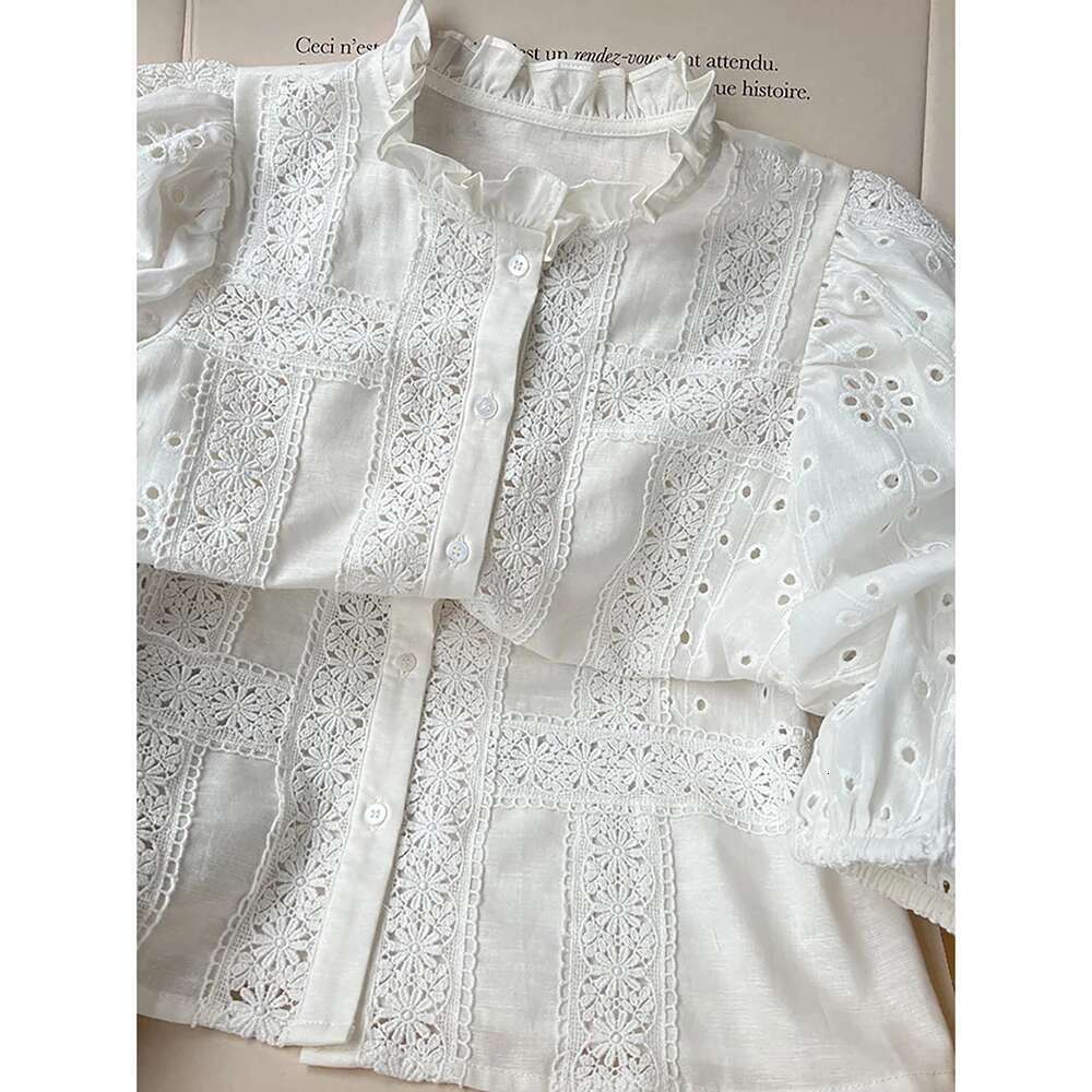 Solid Embroidery Hollow Women Shirt O-Neck Half Sleeve Button Female Cardigan Casual Classic Lady Top 2025