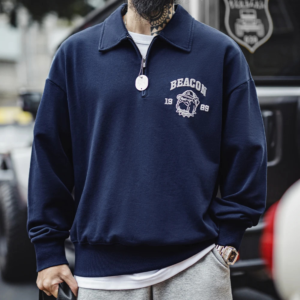 Maden Vintage Mens Long Sleeve Embroidered Sweatshirt with Letters Halfopen Front Casual Hoodie Turnedup Collar for Spring 250304