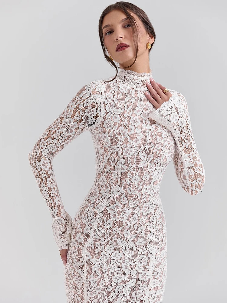 Elegant Lace Bodycon Midi Dress, Long Sleeve Party for Women, Half High Collar Sexy Club Dress C260312