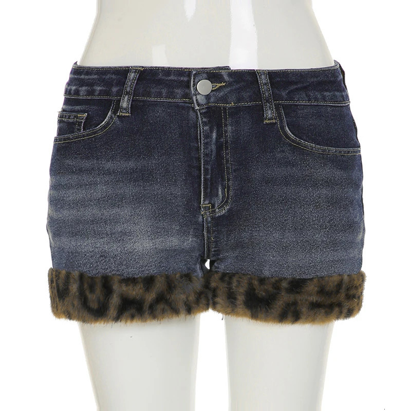 SUCHCUTE Leopard Print Fur Patchwork Shorts Jeans Women Low Waisted Button Up Mini Shorts Fashion Vintage Y2k Clothing 2025 250303