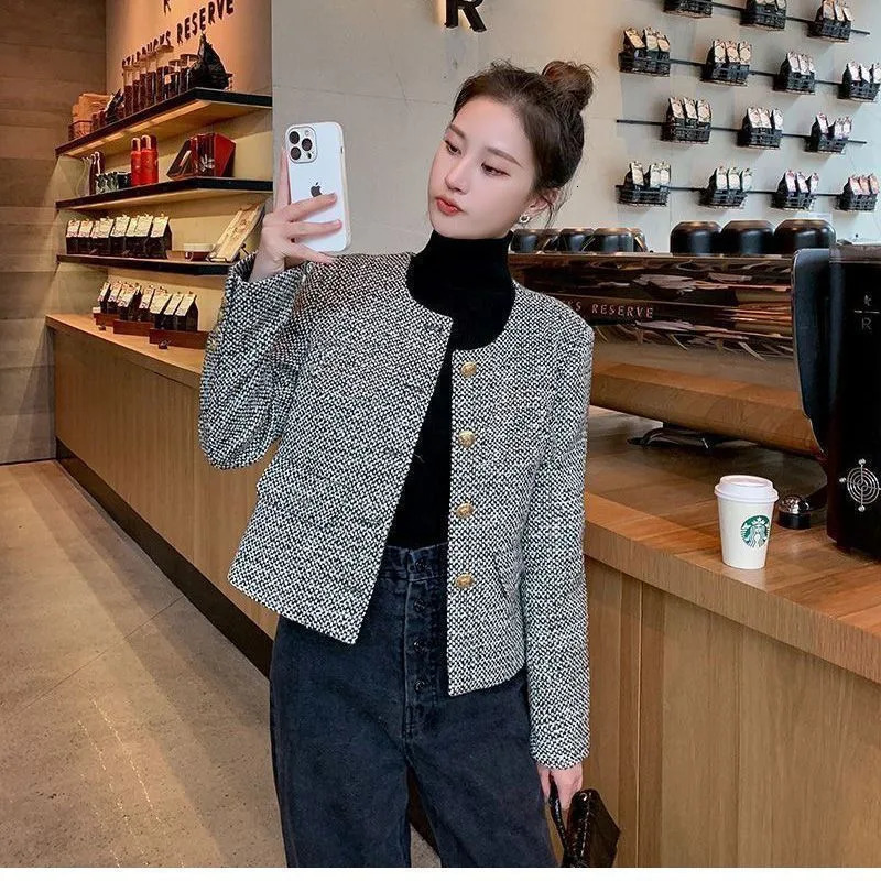 2024 Spring Autumn Coat Women Fashion Single Breasted Buckle Casual Coarse Tweed Jacket Female Outerwear Top Casaco Feminino 250225