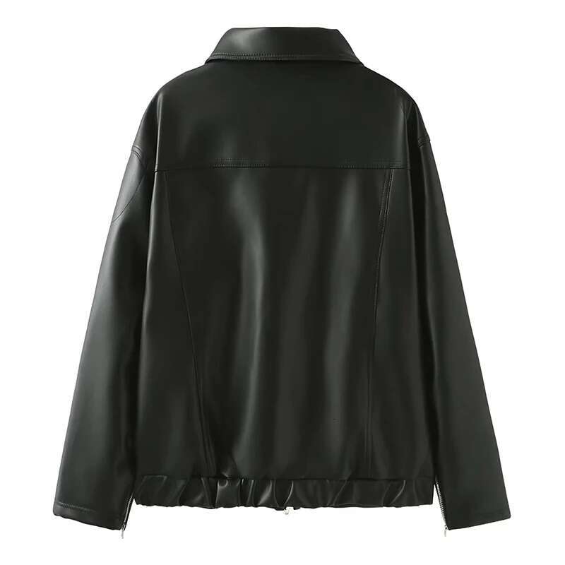 Woman's Street Style Faux Leather Cool Bow Coat Sweet Retro Lapel Long Sleeves PU Jacket Streetwear Zipper Outerwear