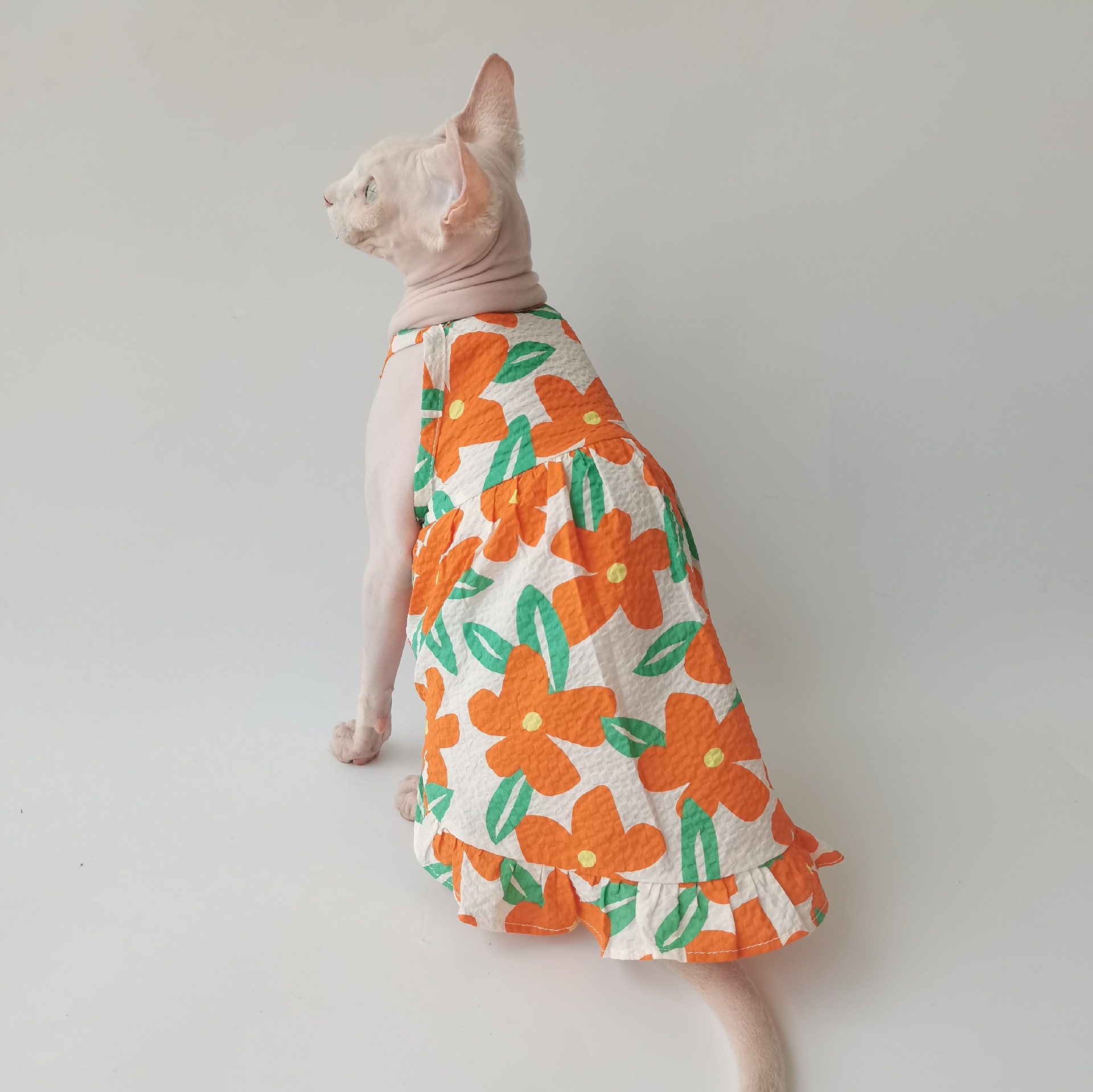 Summer Princess Style Cotton Printed Sundress Breathable and Refreshing Sphinx Hairless Cat Devon Dress