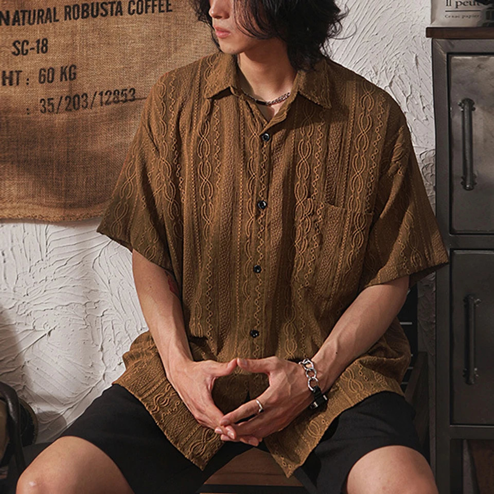 Men Casual Loose Hollow Out Short Sleeve Shirts with pockets Retro Fashion VacationDaily All-Match Tops Solid Color 250304