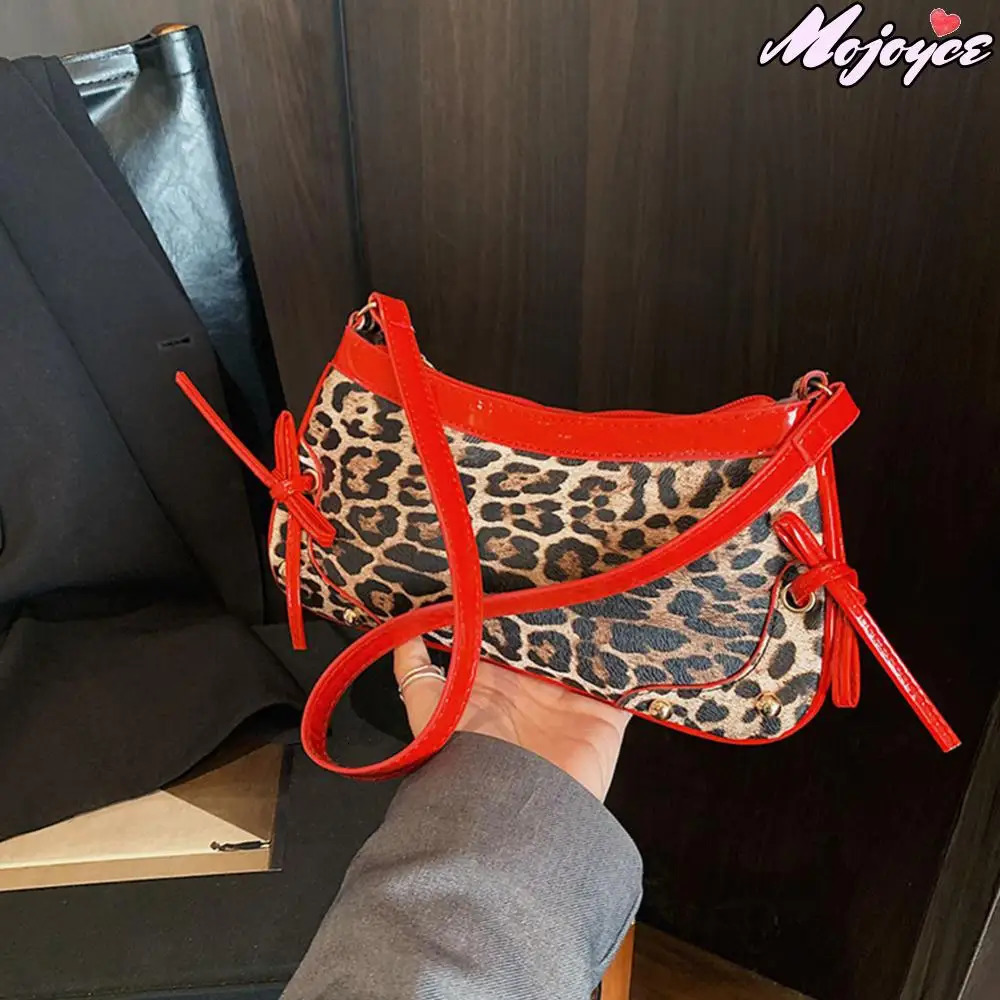 PU Leopard Trendy Bow Handbag for Women Zip Closure Stylish Underarm Bag Vintage Crescent Bag High Quality Shoulder Bag Bags 250228