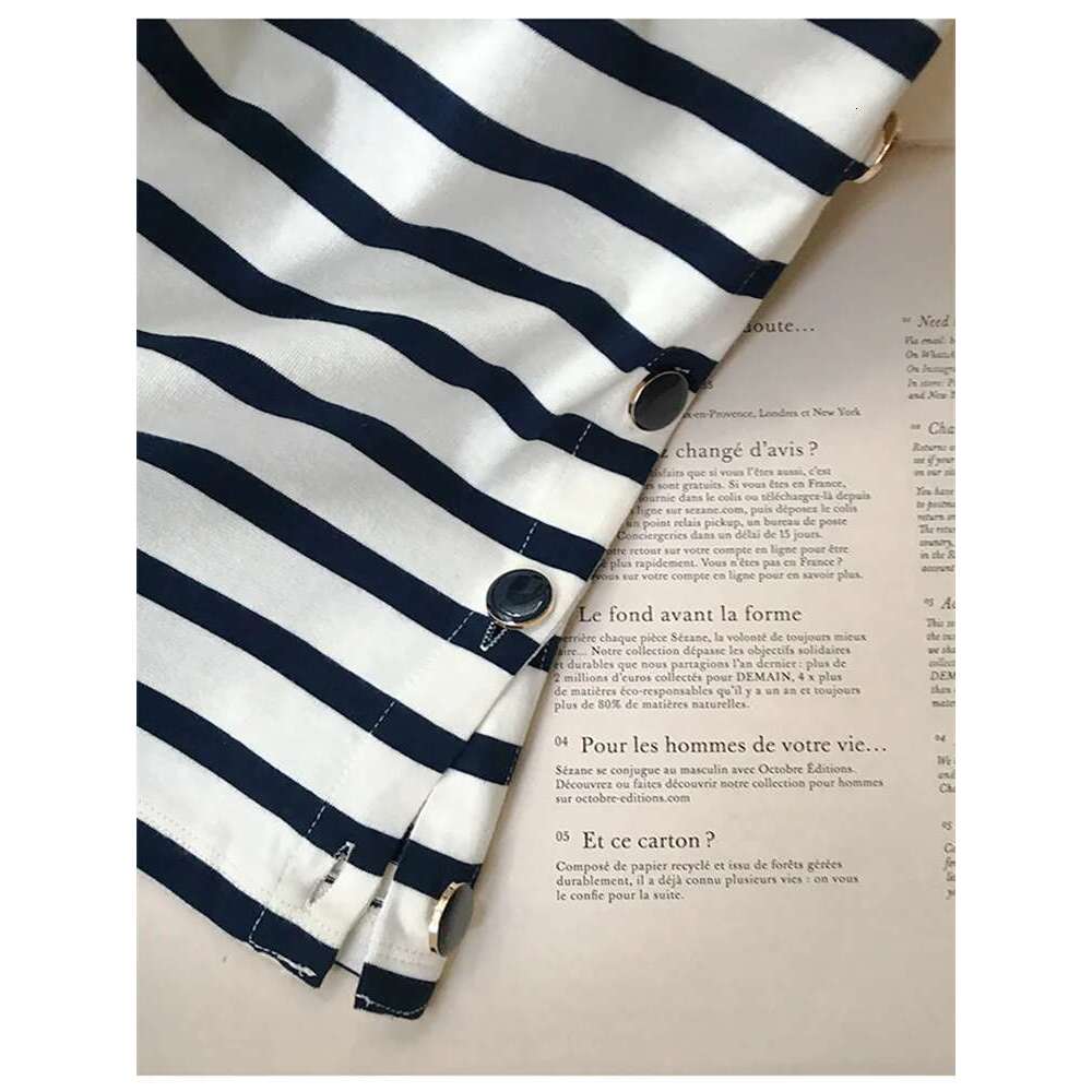Women T-Shirts Side Buttons Slit Classic Stripes O-Neck Long Sleeve 2025 Early Spring Ladies Casual Tshirt
