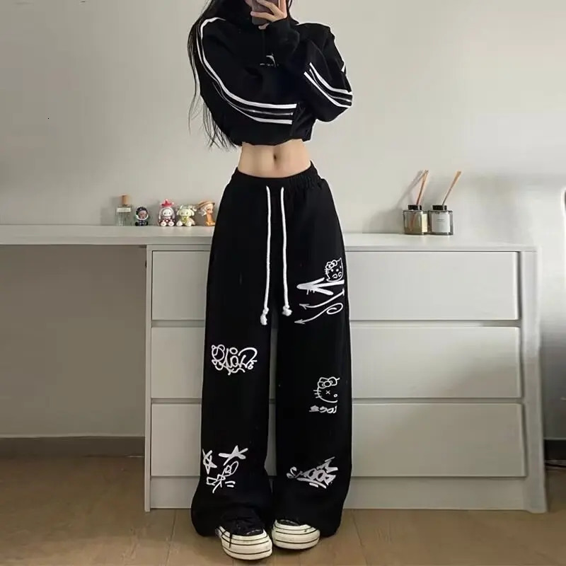 Loose Fitting Casual Pants Fashionable And Fun Cartoon Dog Cat Graffiti Pattern Korean Fashion Spring Fall Baggy Straight 250225
