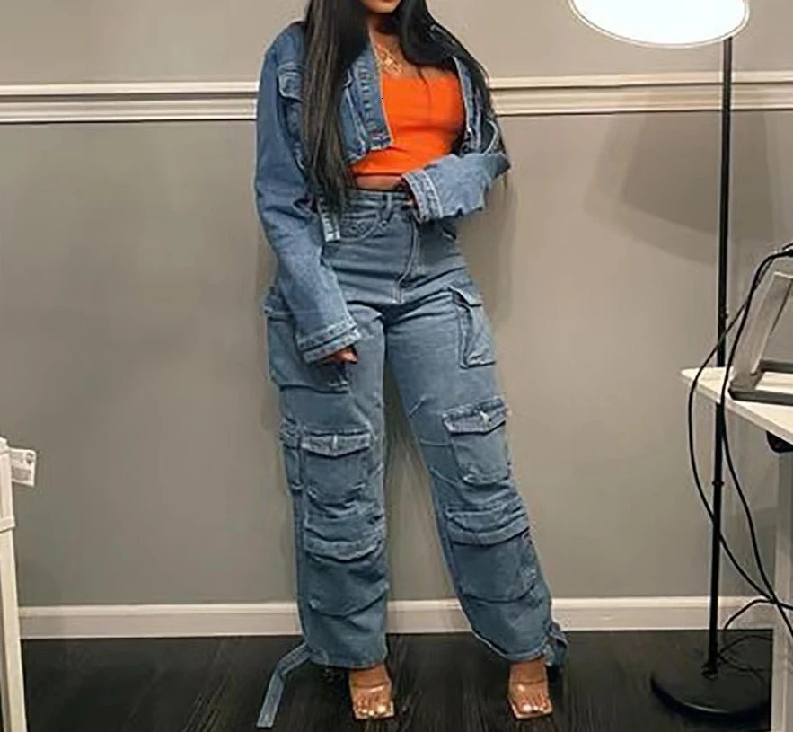 Womens Workwear Style Trousers 2025 Autumn Winter Latest Denim Trend Multi Pocket Plus Size Jeans Work High Waist Long Pants 250227