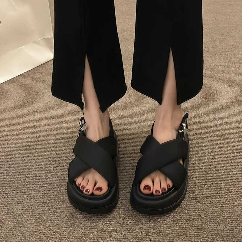 2024 Summer S Of Wens Shoes s With Heel Fem Sandal New Thick Girls Outside Fi Low Rubber Fabric Re Sli Z250304