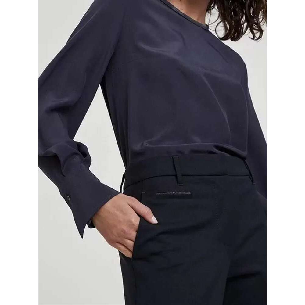 Women Wool Blends Suit Pants Beading Chain Zipper Fly Solid Color High Waist Female Trousers 2024 Spring