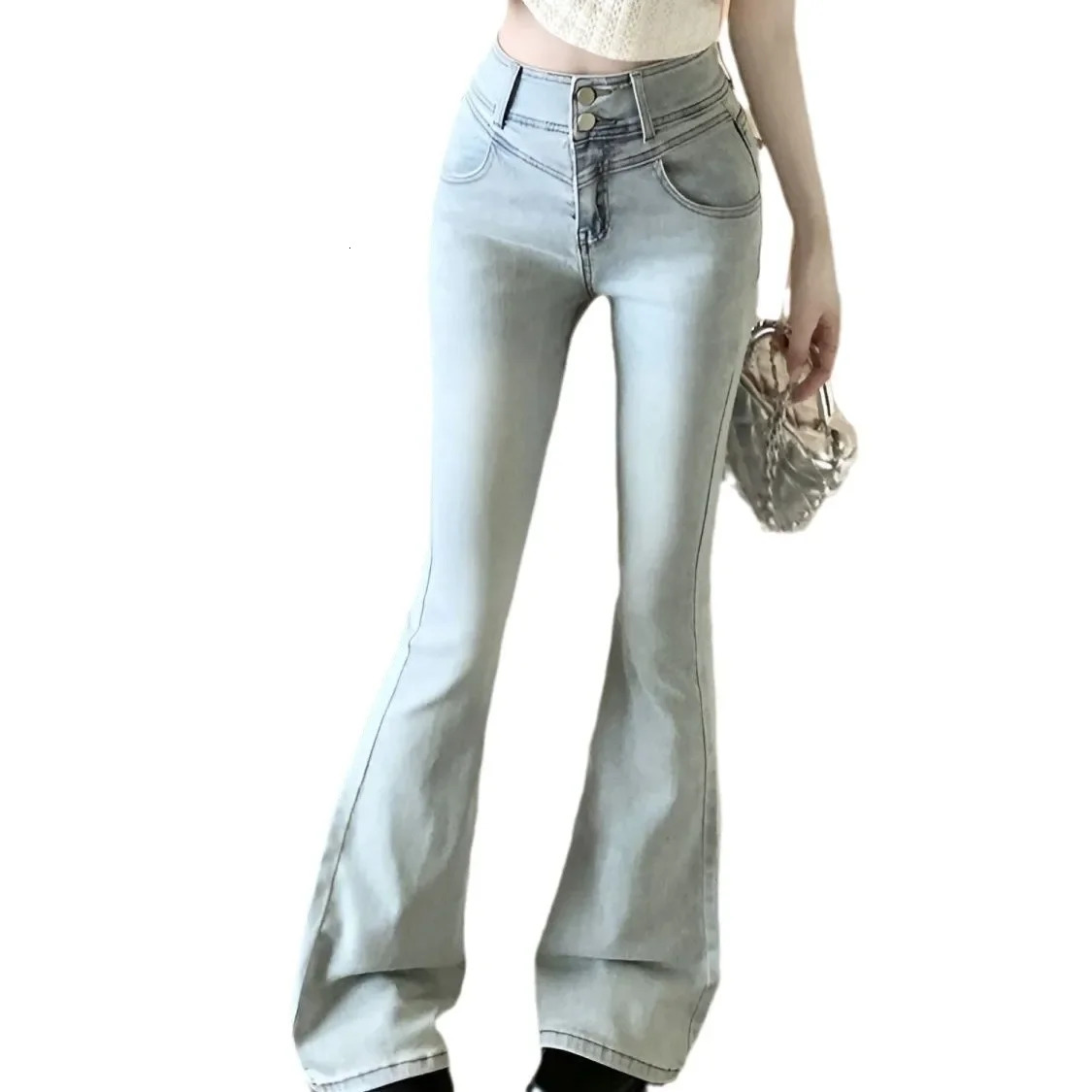 Spring Autumn Spicy Girl Bow Micro Flared Jeans petite high waist weight loss elastic horse leg straight Trouser 250227
