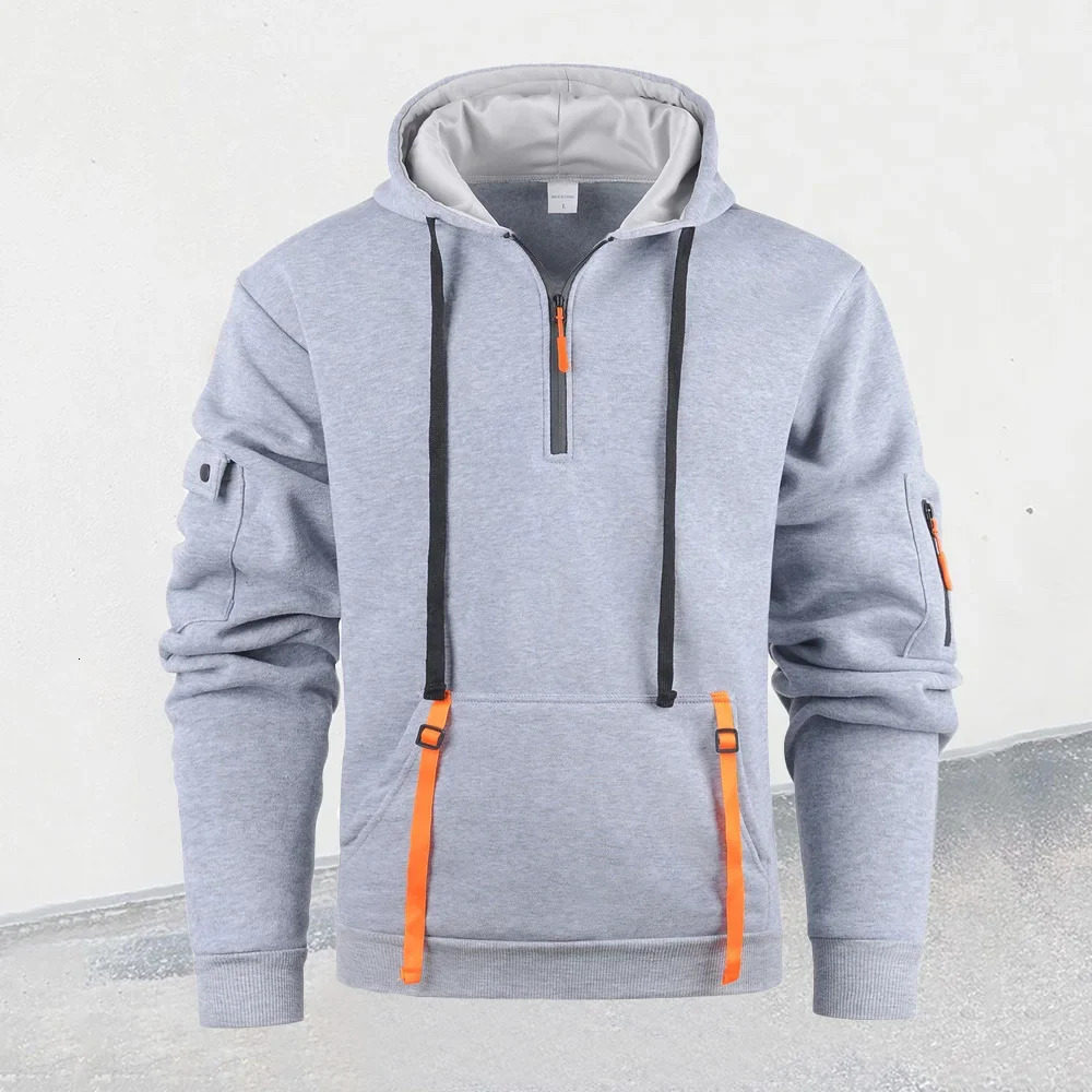 Mens Hooded Sweatshirts Half Zipper Streetwear Autumn Winter Solid Color Pullovers Long Sleeve Fashion Multipockets Tops 250304
