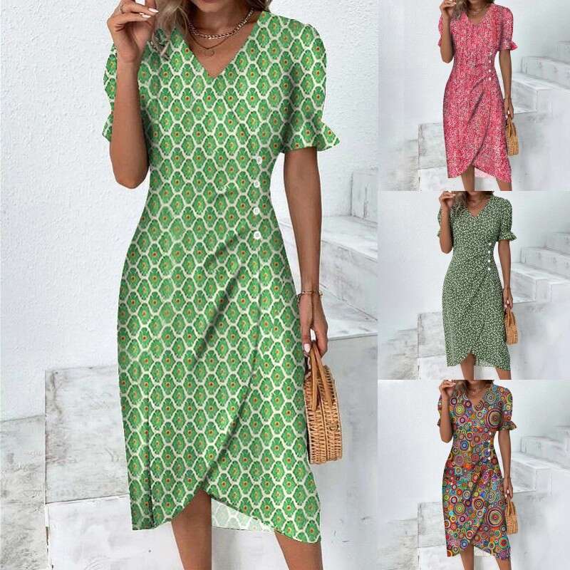 A large number of hot selg summer styles, geometric collage bubble sleeves, irregular hem dresses, 2025 new casual and versatile fashionable clothing